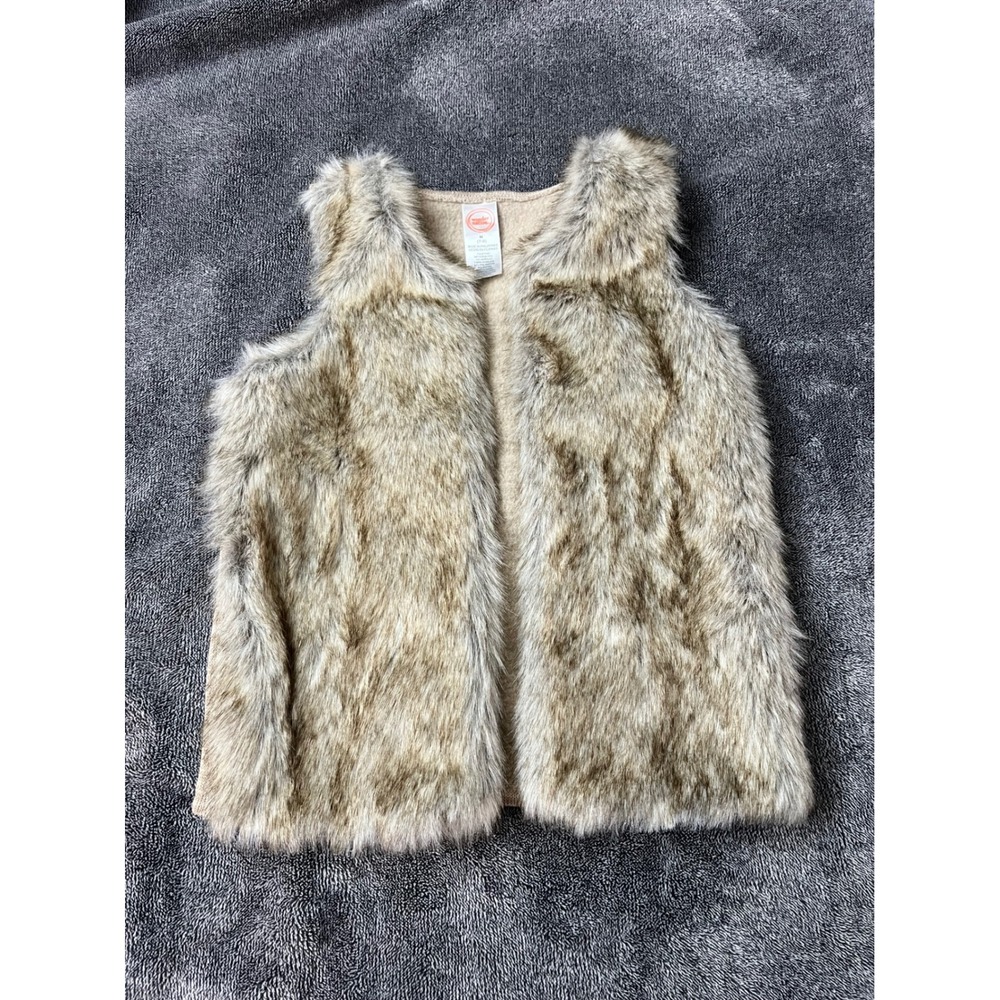 Wonder Nation Girls Faux Fur Vest Brown Tan Knit Back Size M 7-8 Open Front